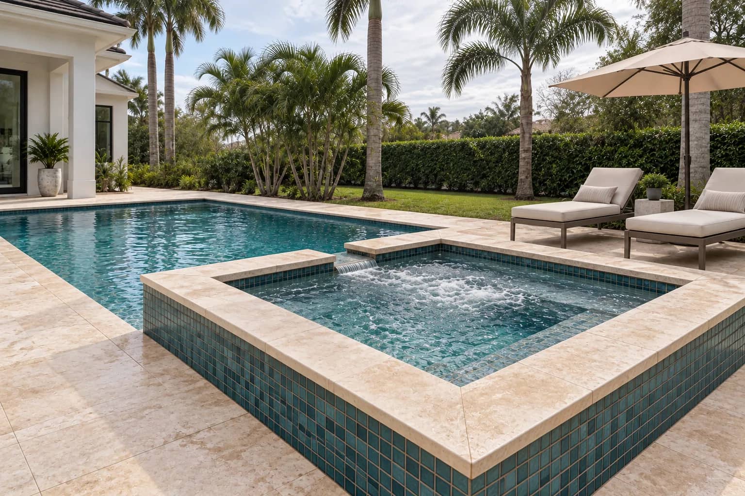 Renovated Florida pool with a raised glass-tile spa and spillover