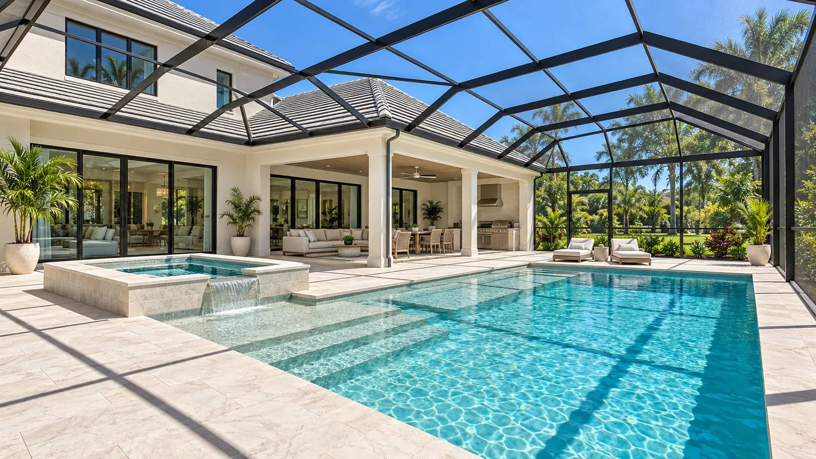 Screened Florida pool enclosure with raised spa, sun shelf and covered lanai