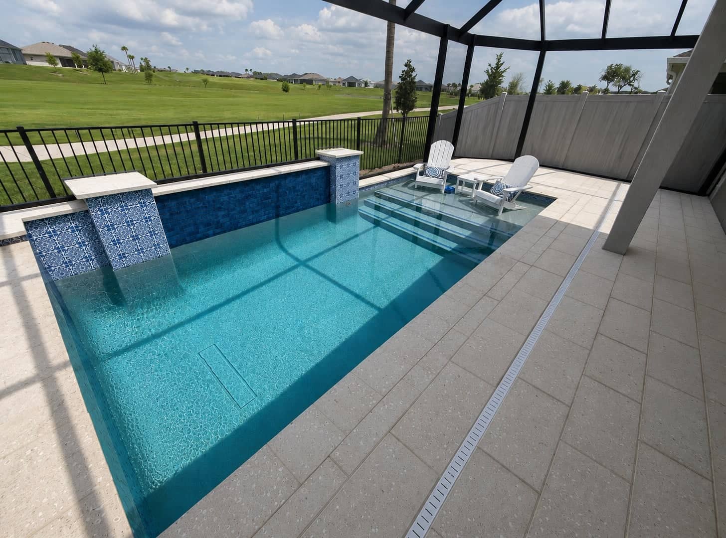 Custom Pool with Tile Water Wall & Tanning Ledge