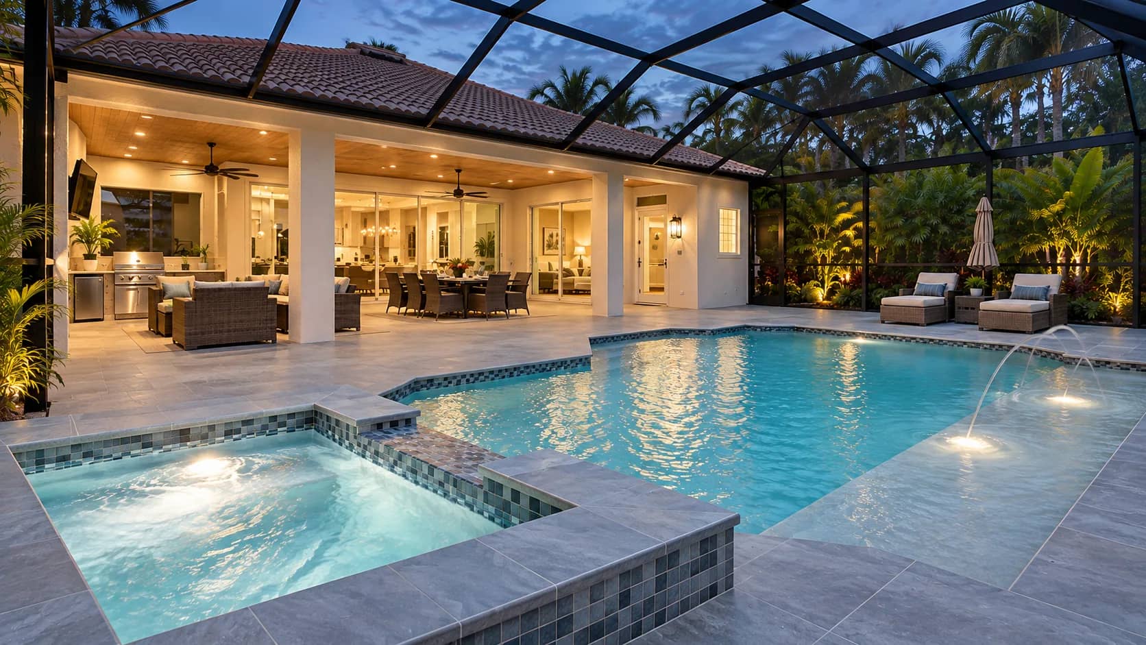 Blue-Gray Pool Patio & Glass-Tile Spa with Deck Jets at Dusk