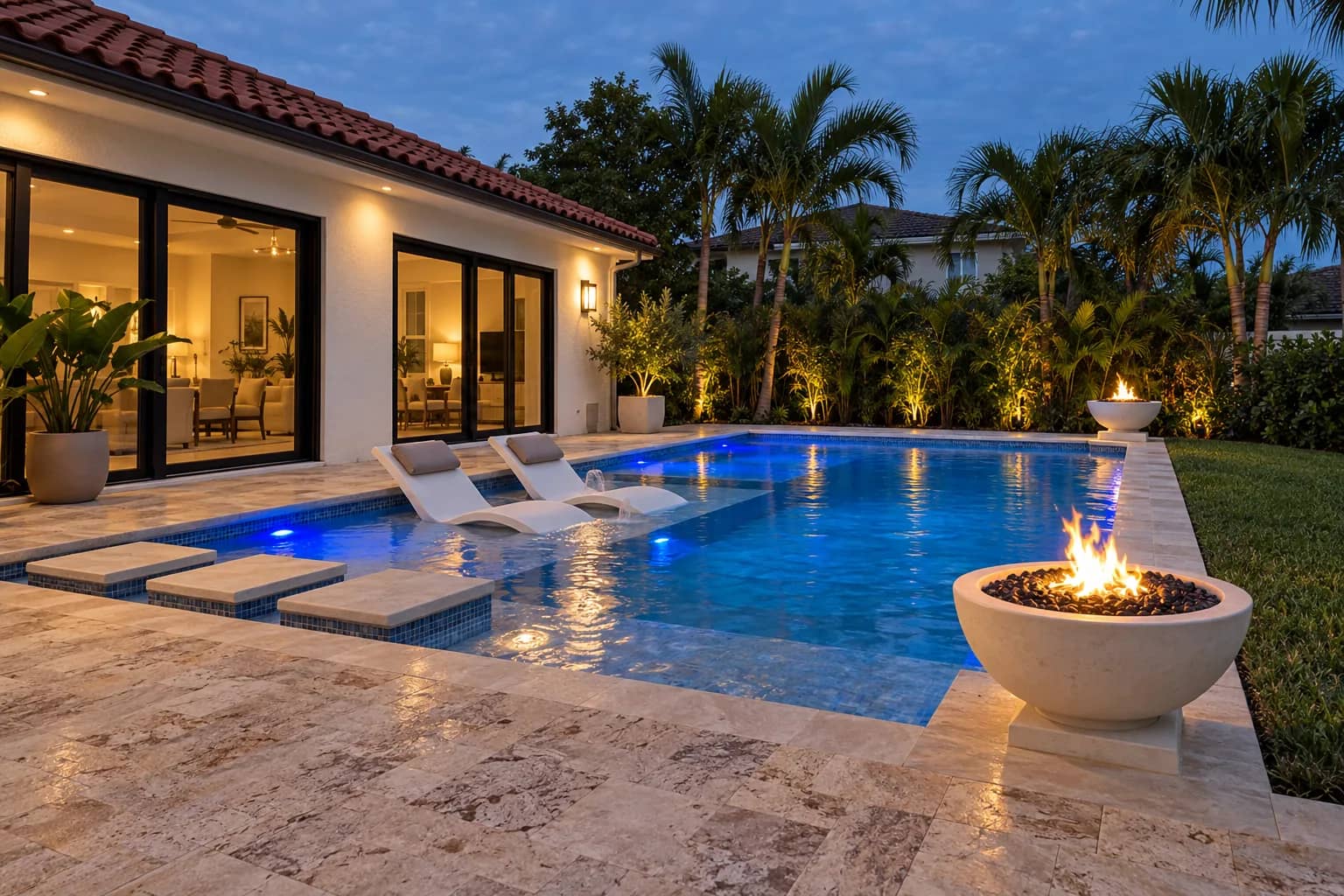 Florida Dusk Pool Patio with Sun Shelf Loungers & Fire Bowls