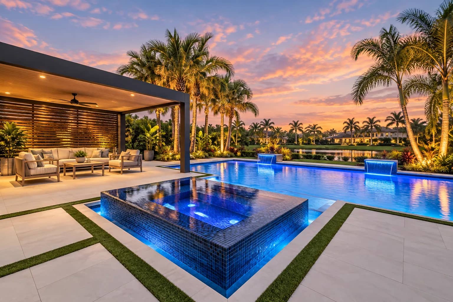 Lakefront Pool & Glass-Tile Spa with Covered Lounge at Sunset