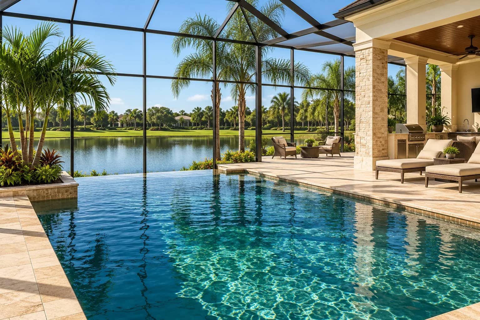 Screened Florida Vanishing-Edge Pool Overlooking a Lake