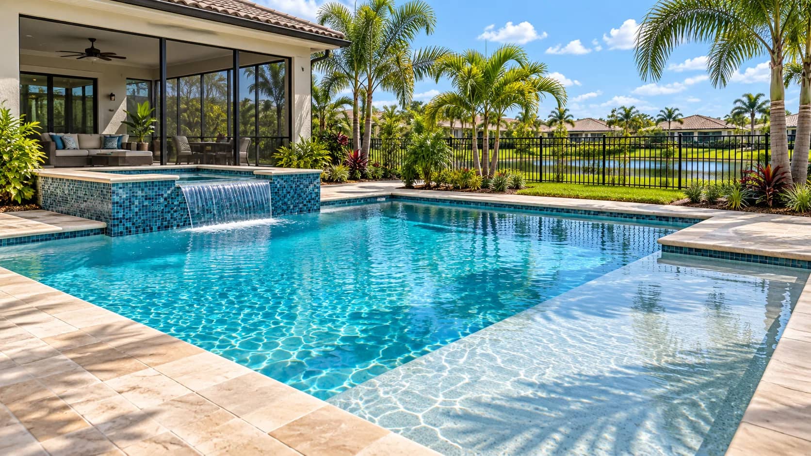 Sunlit Florida Pool with Raised Glass-Tile Spa & Sun Shelf