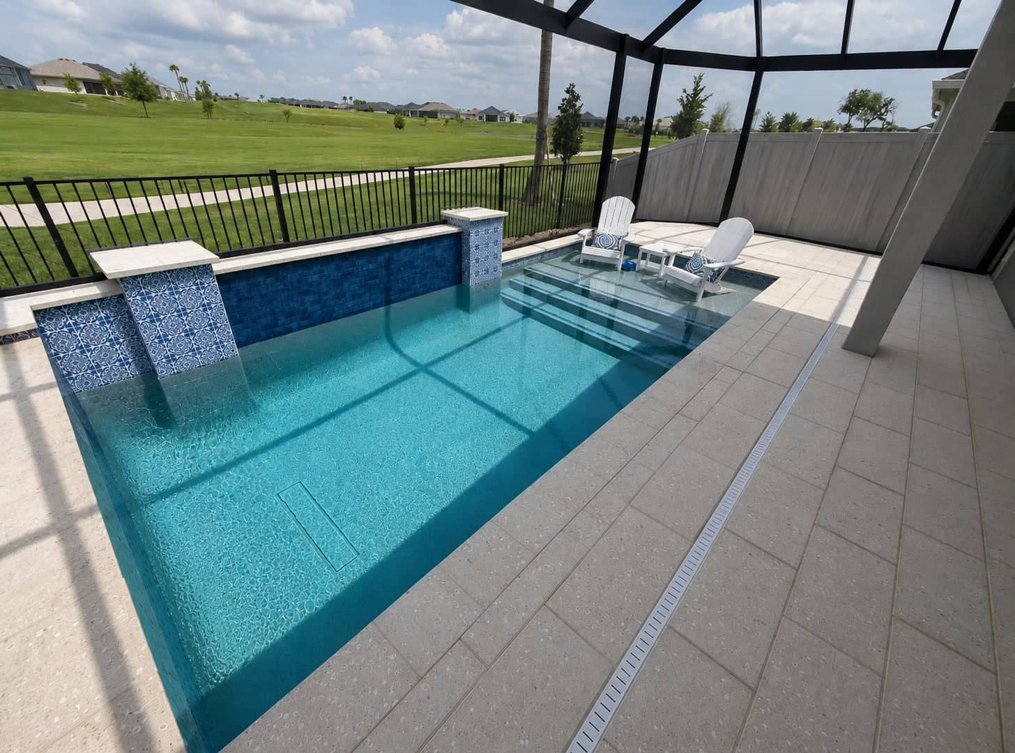 Custom Pool with Tile Water Wall & Tanning Ledge