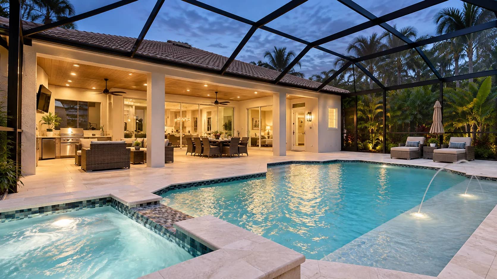 Florida poolside retreat at blue hour with spa, deck jets and an outdoor kitchen